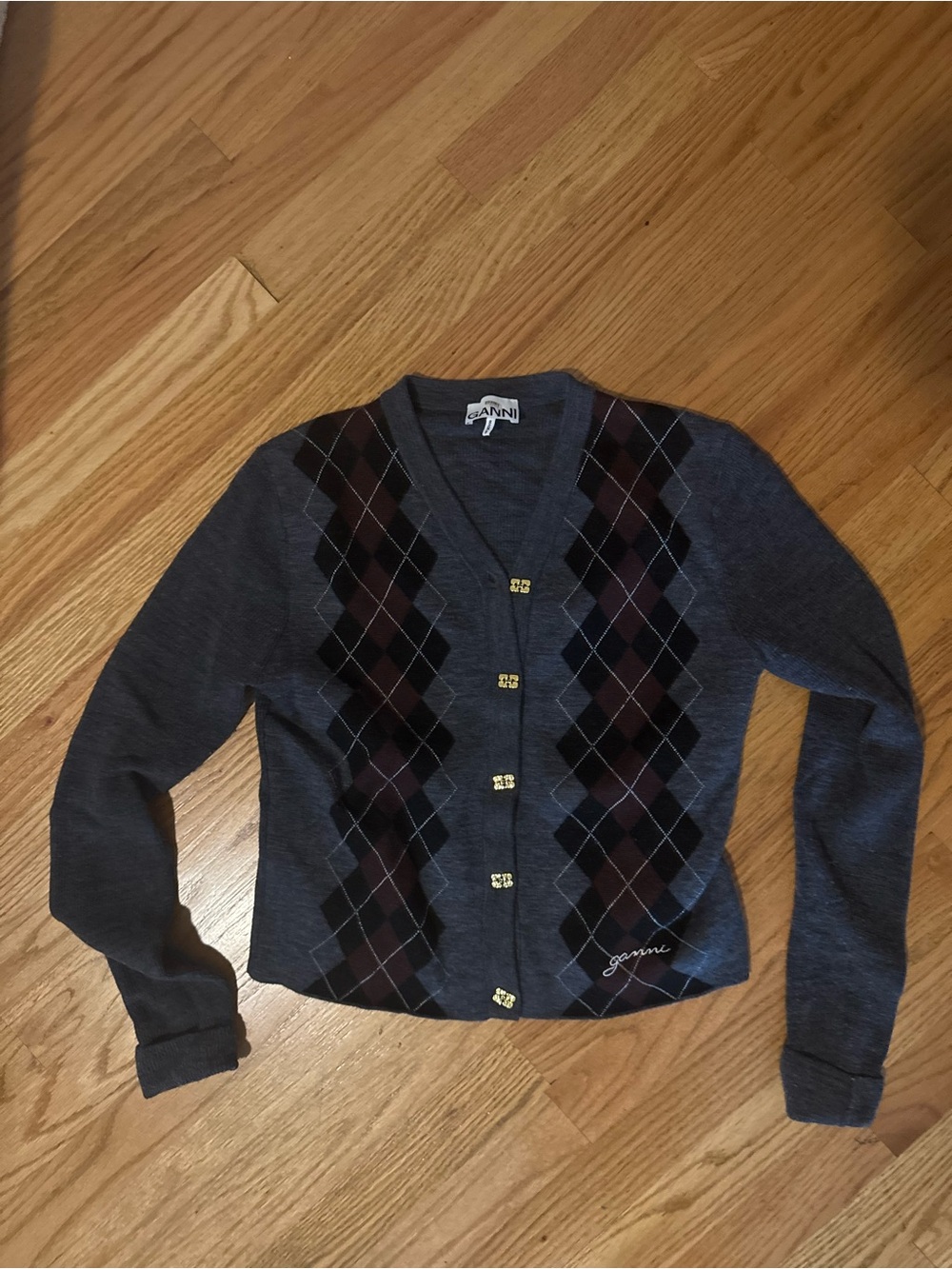Ganni Charcoal Gray Argyle Button-Front Cardigan